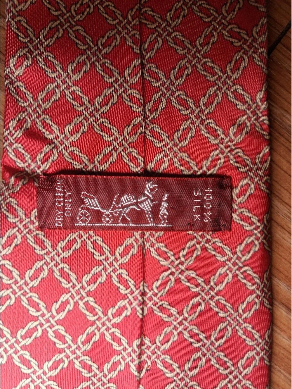 VINTAGE Hermes 100% Silk Tie Red Gold Chains Made In France
